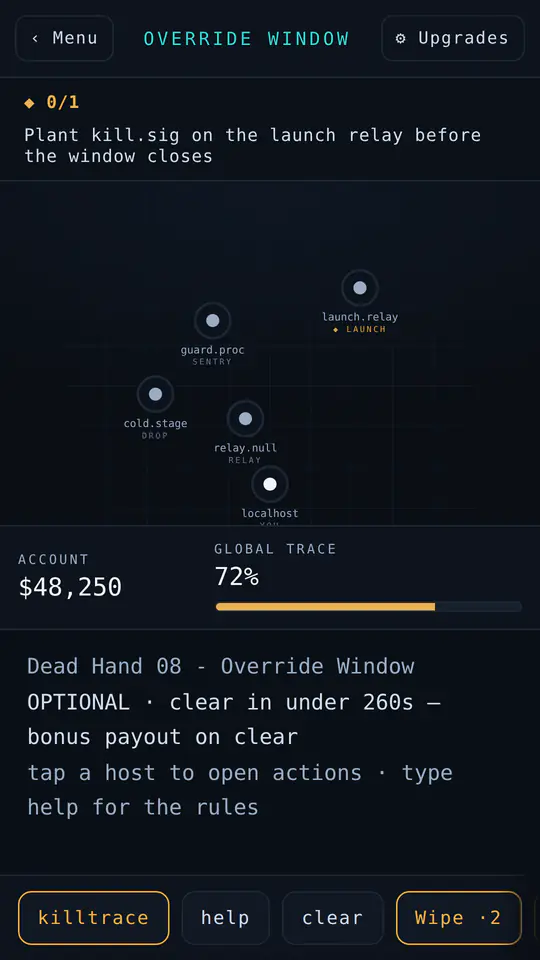 The game on a phone: the Dead Hand mission Override Window, with the global trace running hot at 72 percent.
