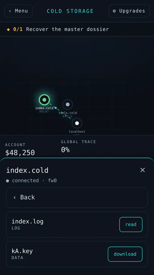 A cracked host's file list open on the map, with a log to read and a key file to download.