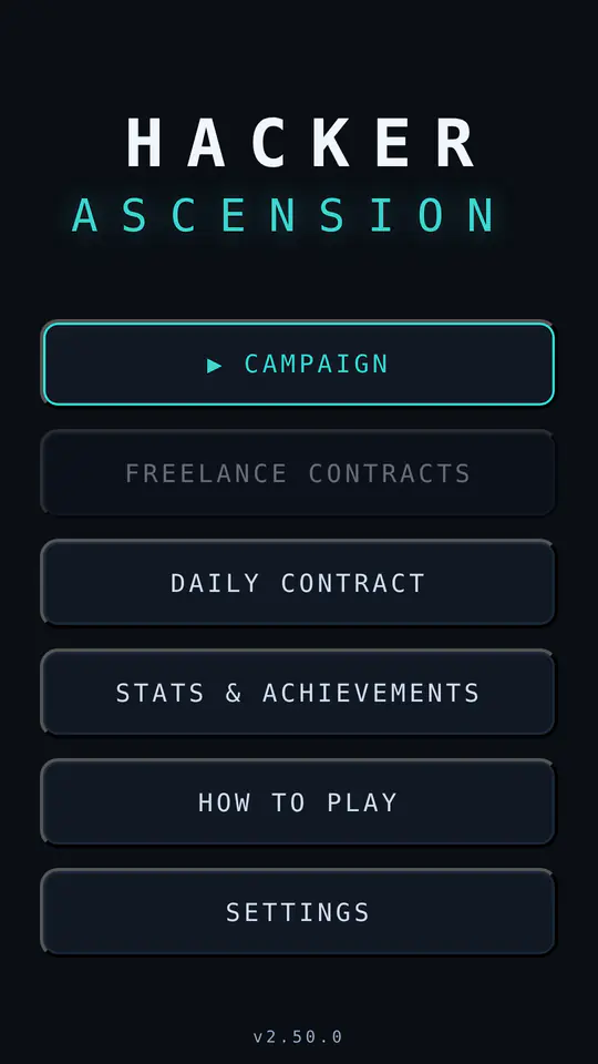 The main menu: Campaign, Freelance Contracts, Daily Contract, Stats and Achievements, How to Play and Settings.
