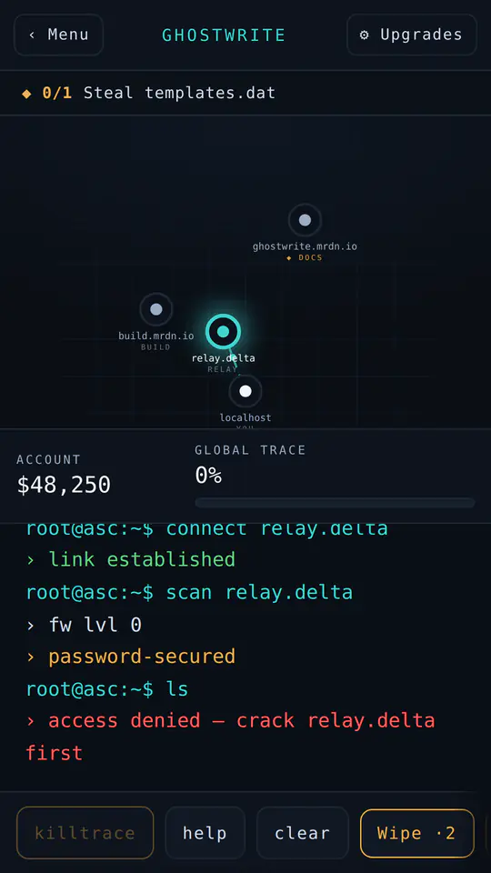 Terminal mode: typed connect, scan and ls commands in the console, with a crack command half typed.